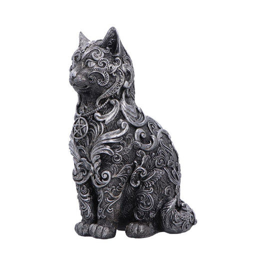 Silver cat ornament side view showing swirl detailing