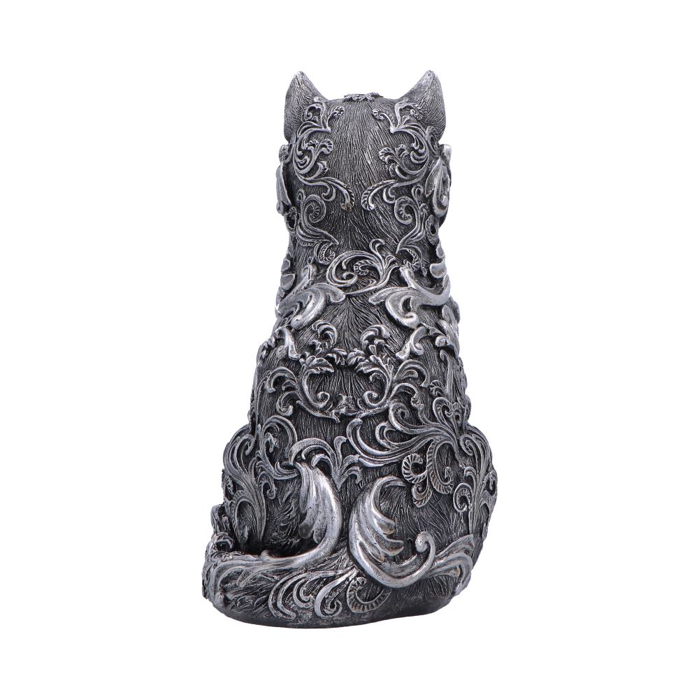 Back view of cat figurine with intricate patterns