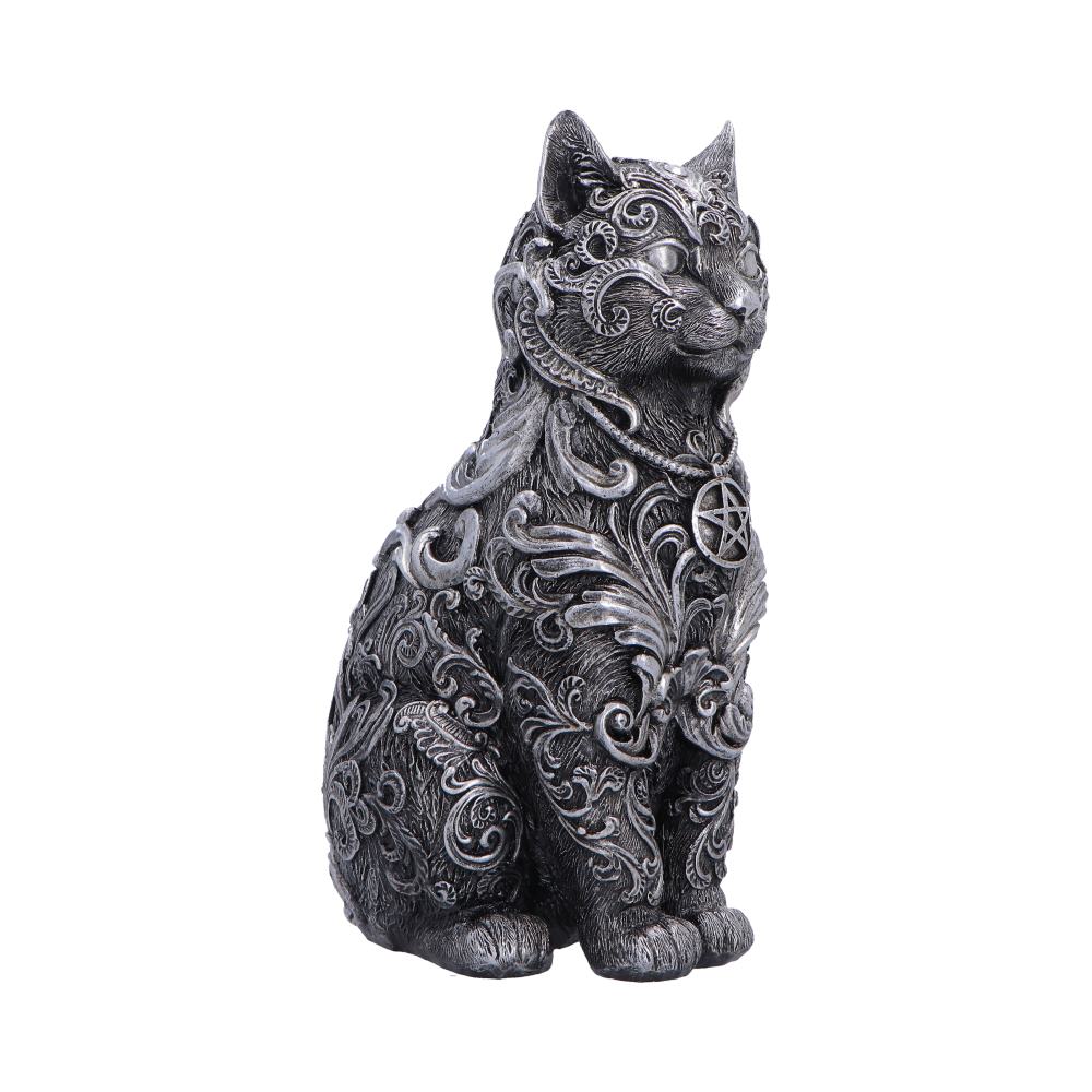 Mystical silver cat figurine with pentagram necklace