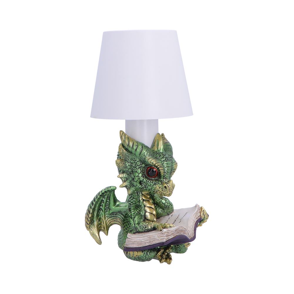 Reading dragon lamp with green scales and book