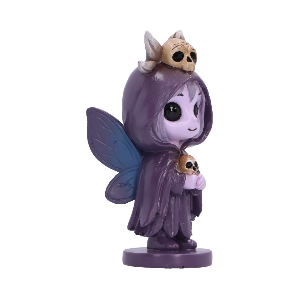 Moorwyn gothic fairy figurine gift for fairy and fantasy lovers wearing a dark purple hooded robe, with blue wings, a skull on its head, and holding a small skull in one hand