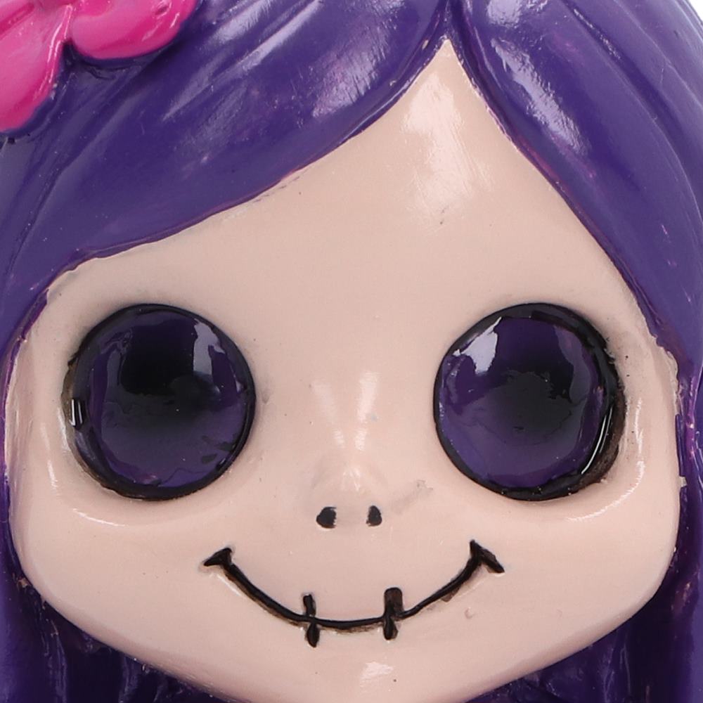 Close-up of Spirit Fairy Mirella with dark glossy purple hair and expressive large dark purple eyes, a pale pink face, and a stitched smile.