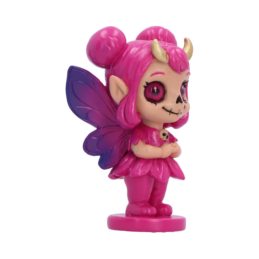 Spirit Fairy Beatrix fairy figurine with purple wings, pink hair, and gold horns, standing on a round pink base