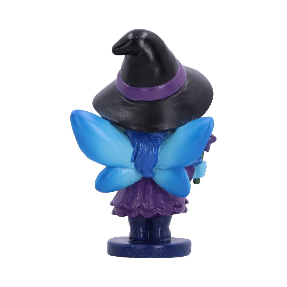 Rear view of Spirit Fairy Hex fairy figurine wearing a black pointed hat with a purple band, a purple dress, and large blue wings, standing on a round base