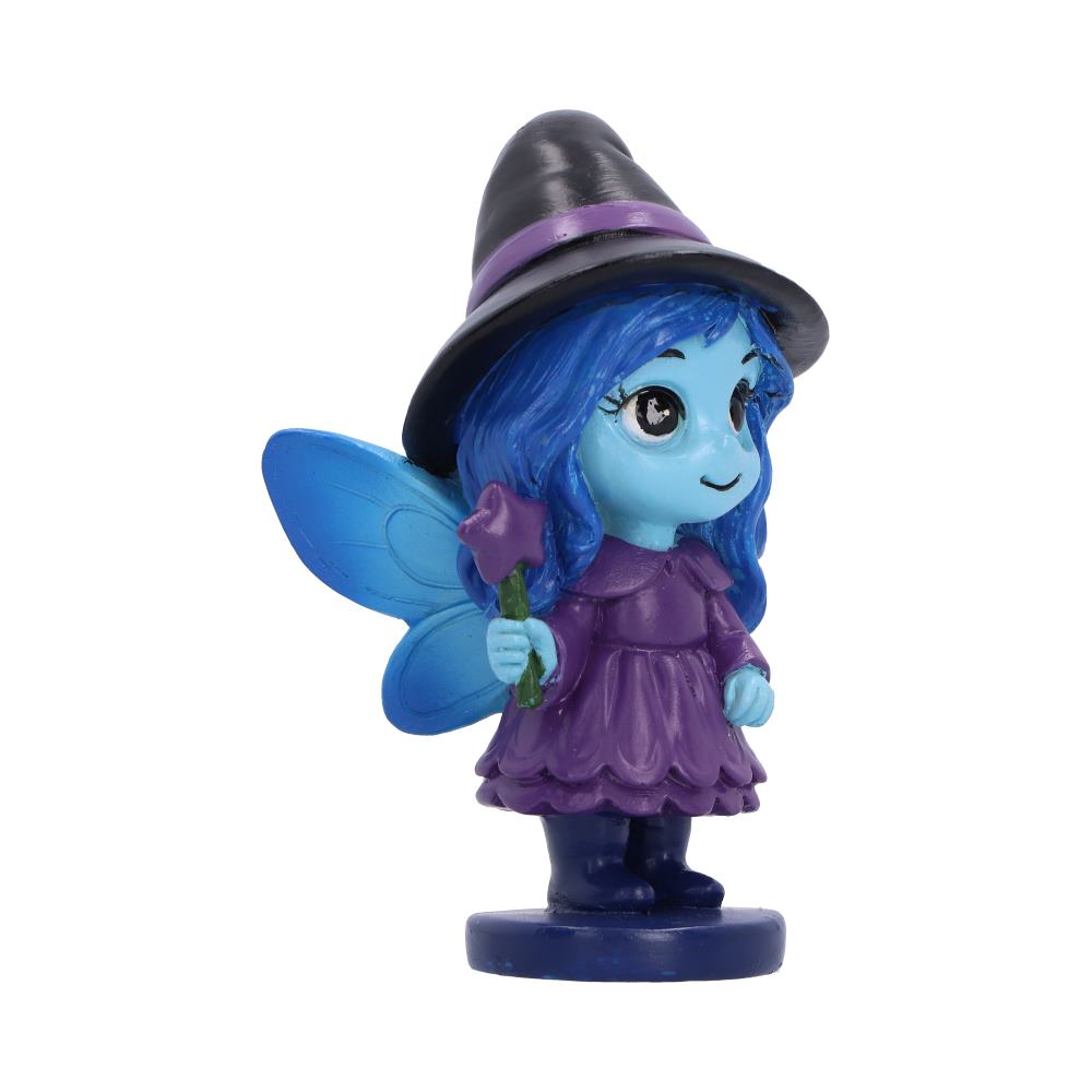 Hand-painted Spirit Fairy Hex gothic fairy figurine with blue skin, blue hair, a black witch hat with a purple band, a purple dress, and blue wings, standing on a round base