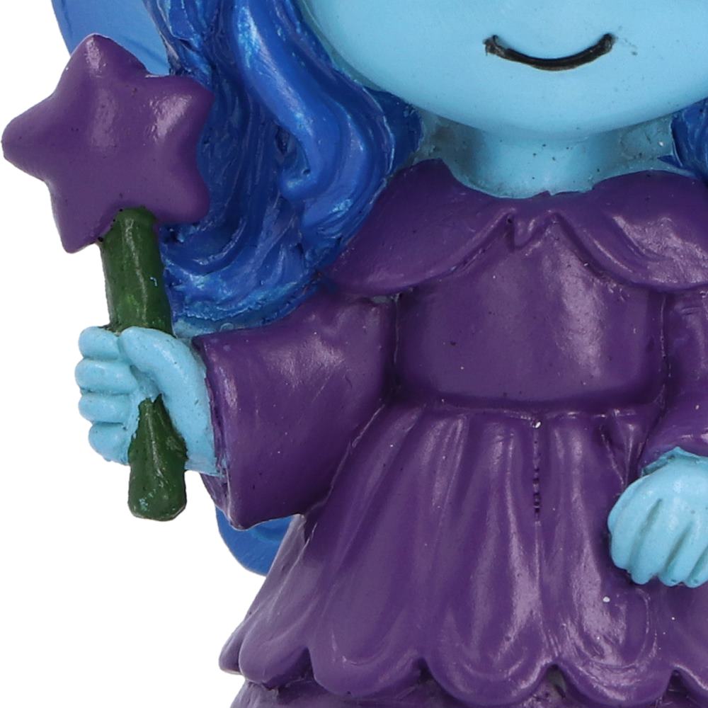 Close-up of Spirit Fairy Hex with long blue hair, wearing a purple dress and holding a magical wand with purple star and a green handle