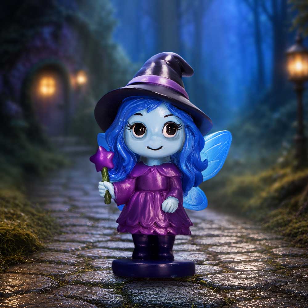 Spirit Fairy Hex fantasy figurine of a fairy with blue-hair, in a purple witch dress and hat, holding a star wand displayed as a gothic witch fairy collectible