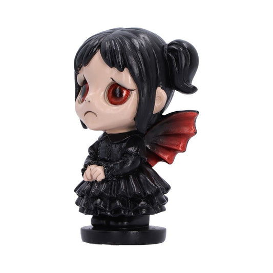 Side view of Spirit Fairy Mortina gothic fairy figurine with black hair, red eyes, a black dress, and red wings, standing on a black base
