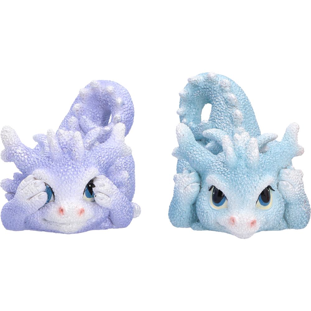 Blue Coralscale Dragonling miniature fantasy figurine and Purple Coralscale Dragonling with coral-inspired scale detailing. The left is light lavender-purple, and the right one is pale icy blue.