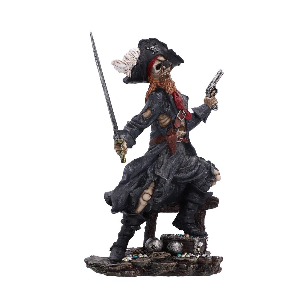 A pirate skeleton figurine seated on a base with treasure, holding a sword and a pistol