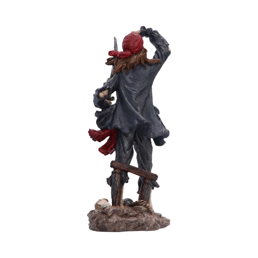 Rear view of the Forsaken Sailor a pirate figurine wearing a dark gray coat, brown hat and boots, with a red bandana and red sash, standing on a rocky base