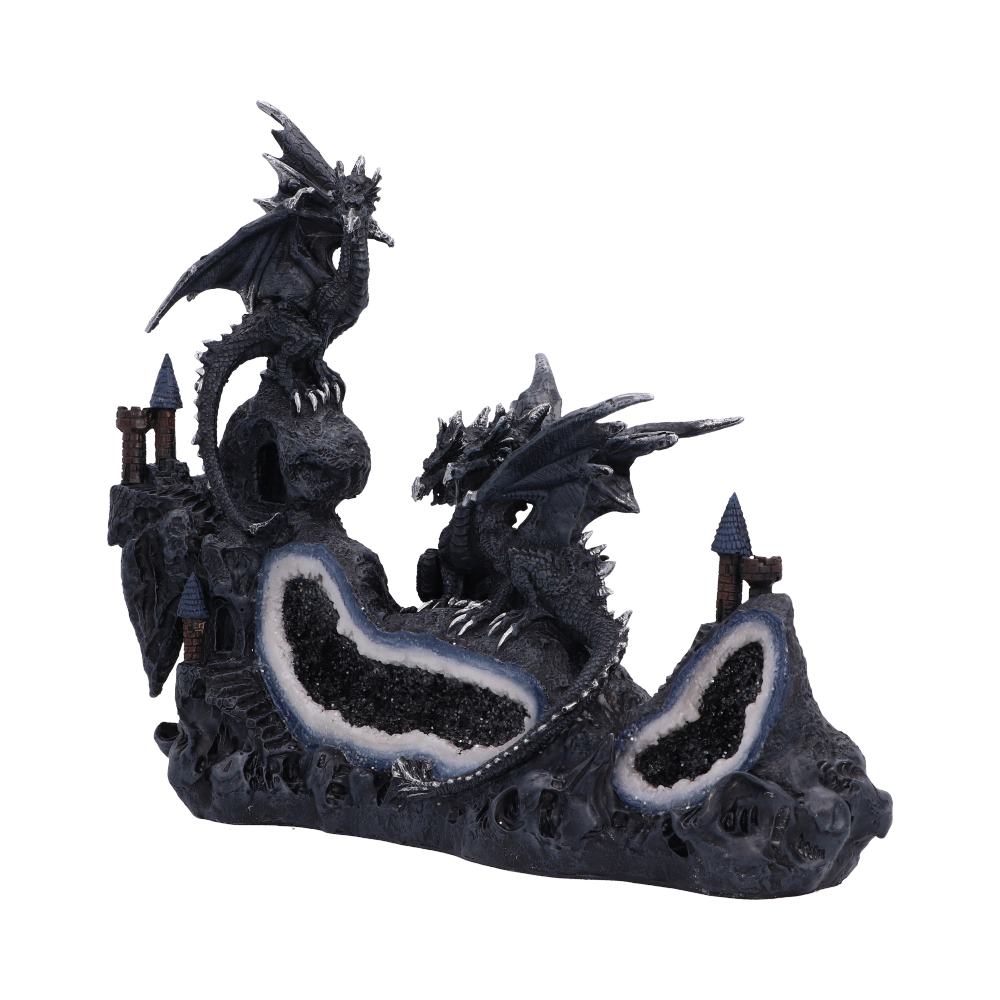 Midnight Geode Guardians three black dragons with silver accents on geode crystal base