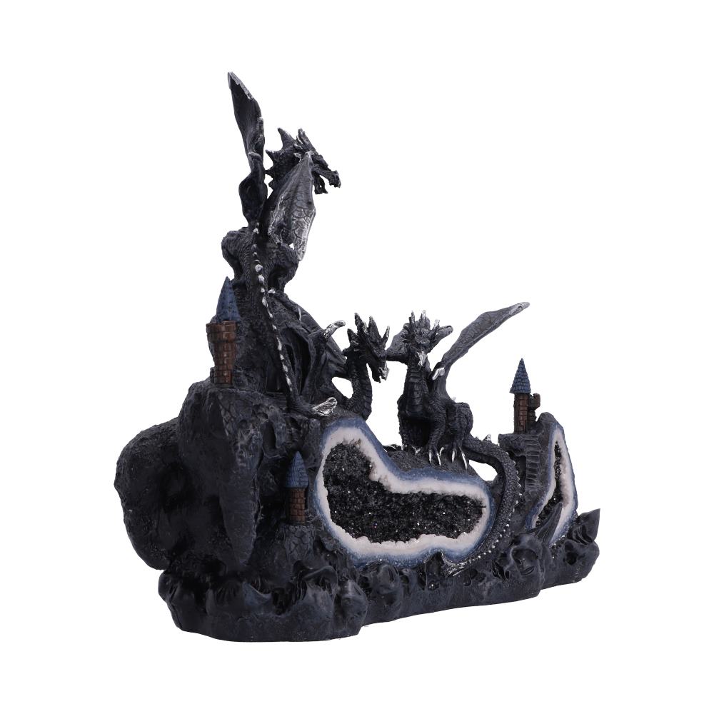 Midnight Geode Guardians figurine showing three dragons, geode crystals and rocky landscape