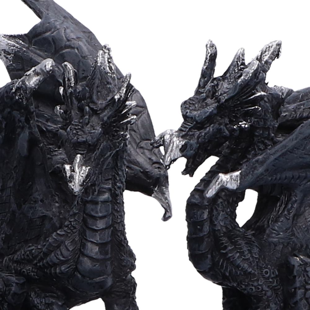 Close-up of the two black dragons with striking silver accents