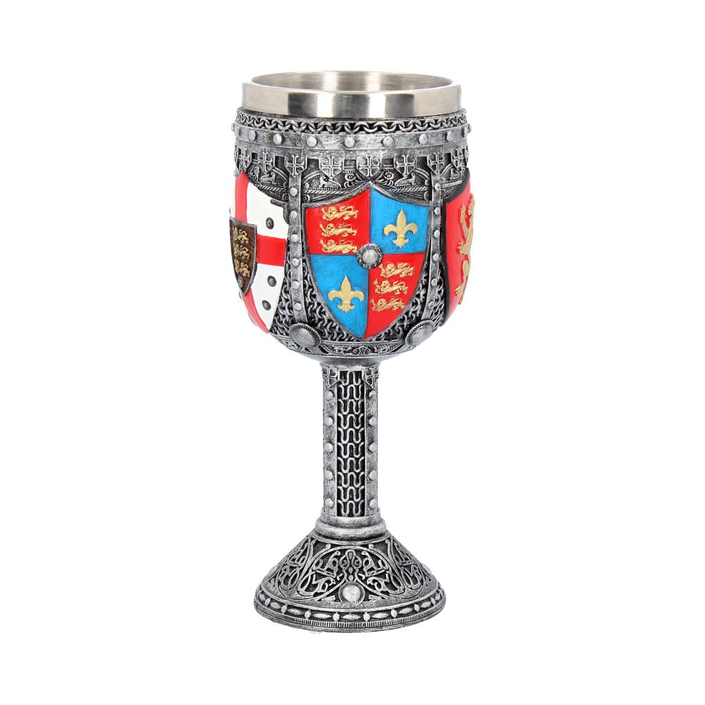 English Heraldic Goblet 17cm featuring medieval armour detailing, heraldic shields, and chainmail-inspired decoration.