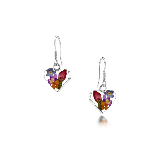 Sterling Silver Mixed Flower Heart Drop Earrings