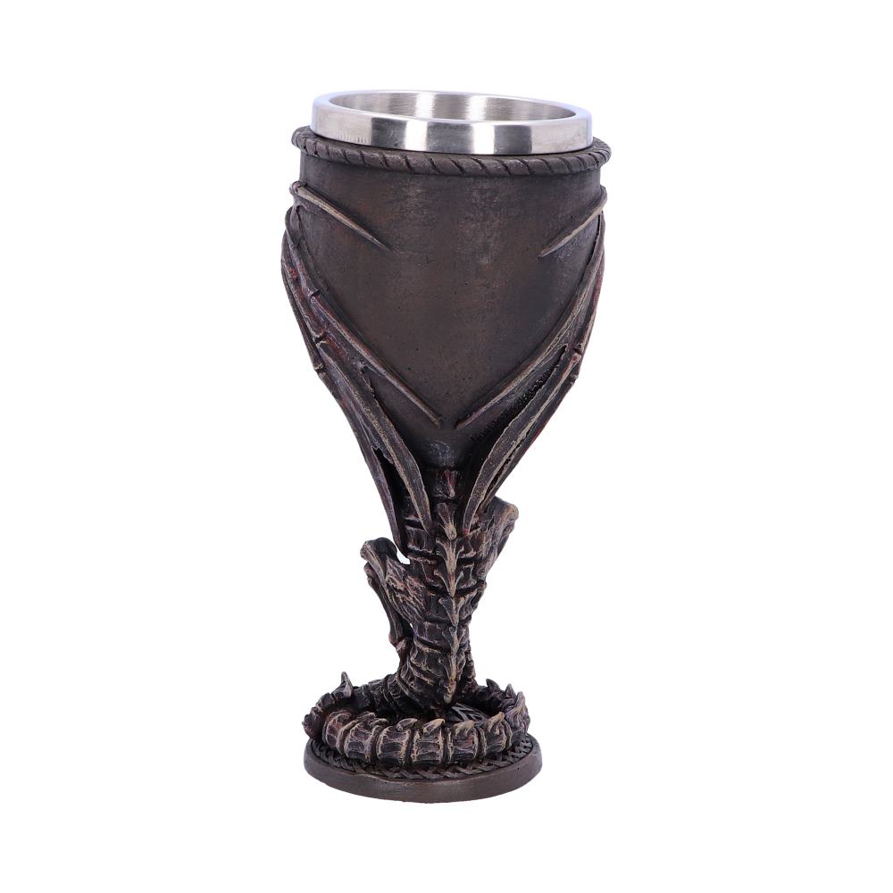 Rear view of the Fossilised Goblet showing the detailed dragon skeleton, fossil-inspired textures, and hand-painted resin finish.
