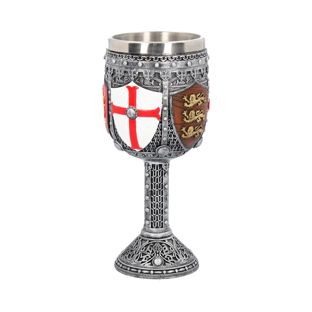 English Heraldic Goblet showing detailed chainmail textures, heraldic shields, and hand-painted resin craftsmanship