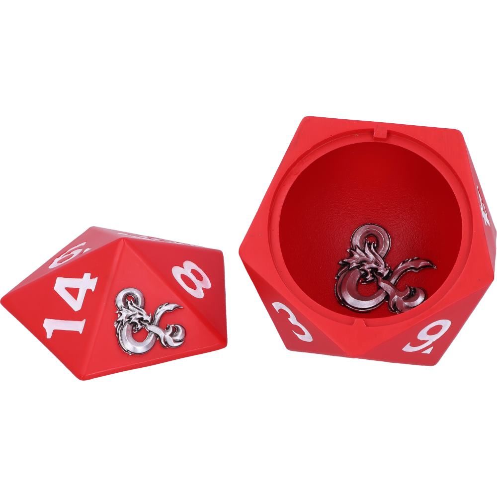 Open D20 Dice Box showing hidden compartment with logo